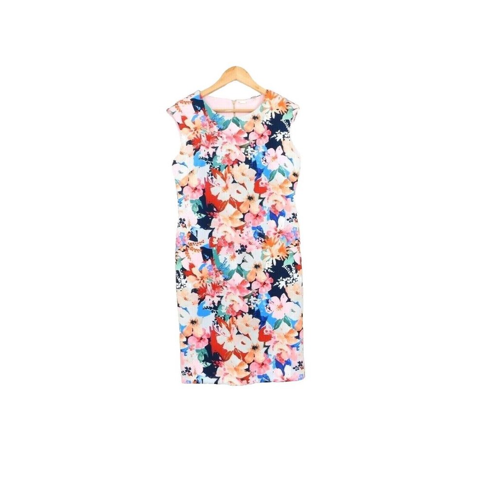 Tahari Shift Dress Sheath Sleeveless Scoop Neck Knee Length Pink & Blue Flowers